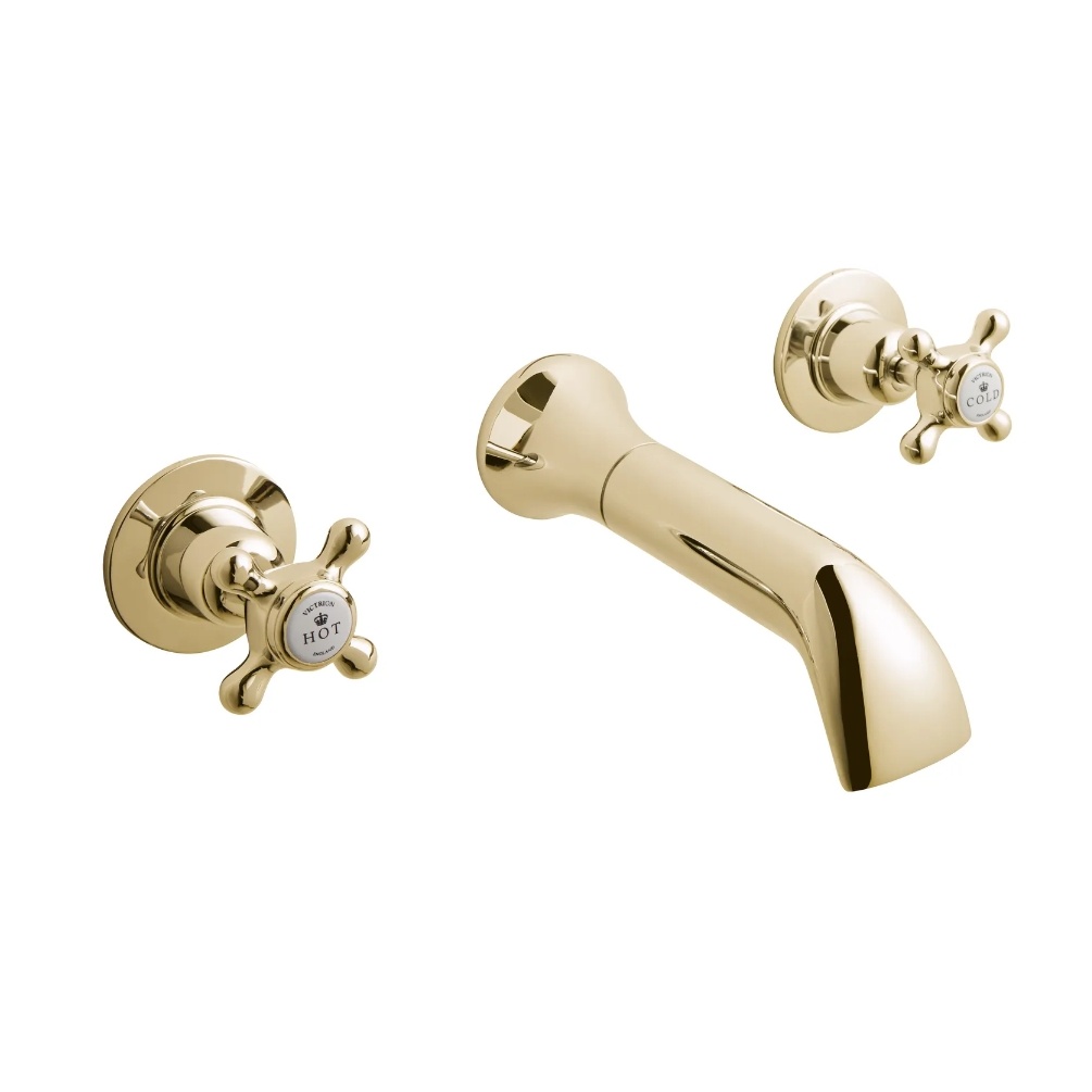 BC Designs Victrion Crosshead Gold 3 Hole Wall Mounted Bath Filler Cut Out